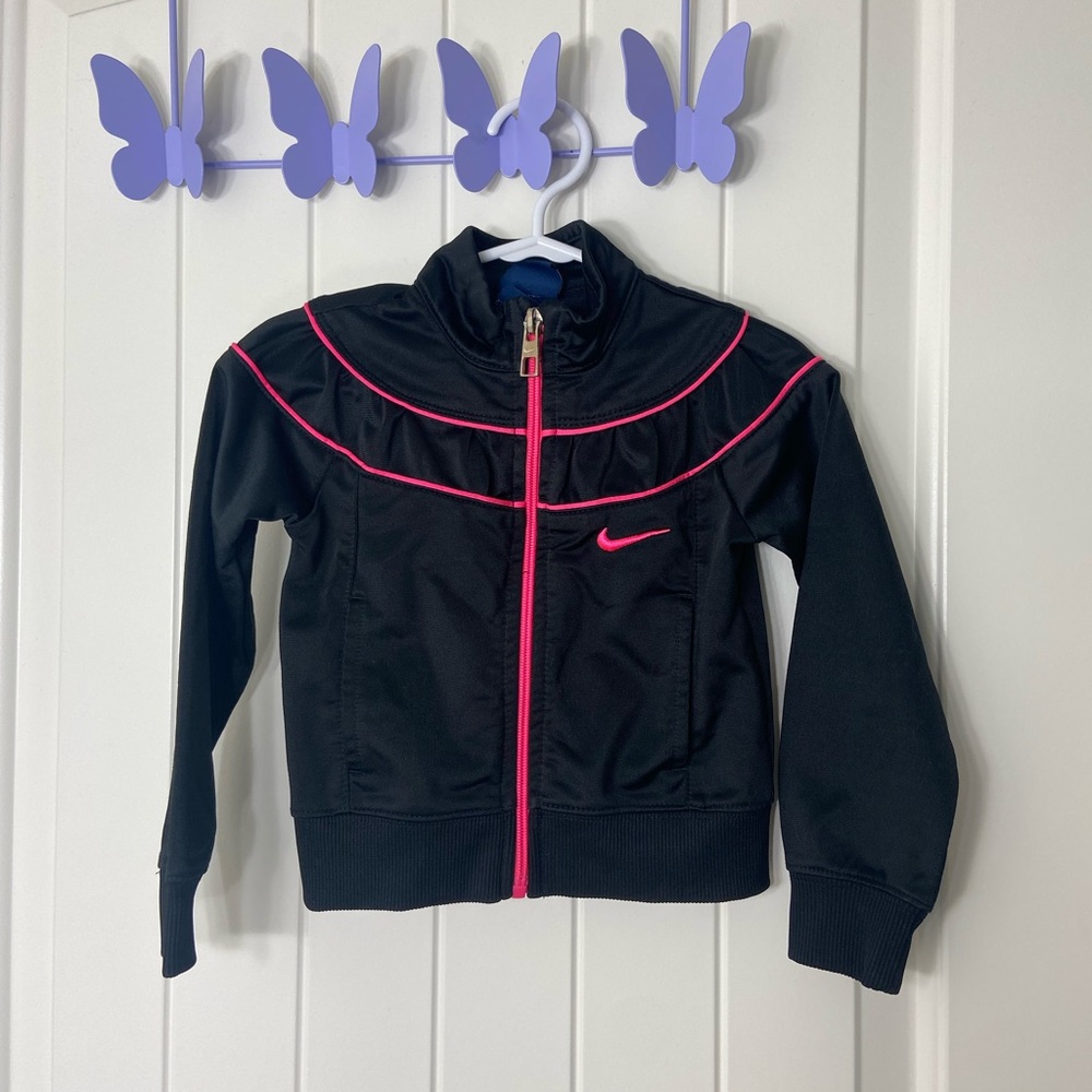 EUC Nike toddler girl’s black pink‎ accent full zip collared athletic jacket 2T